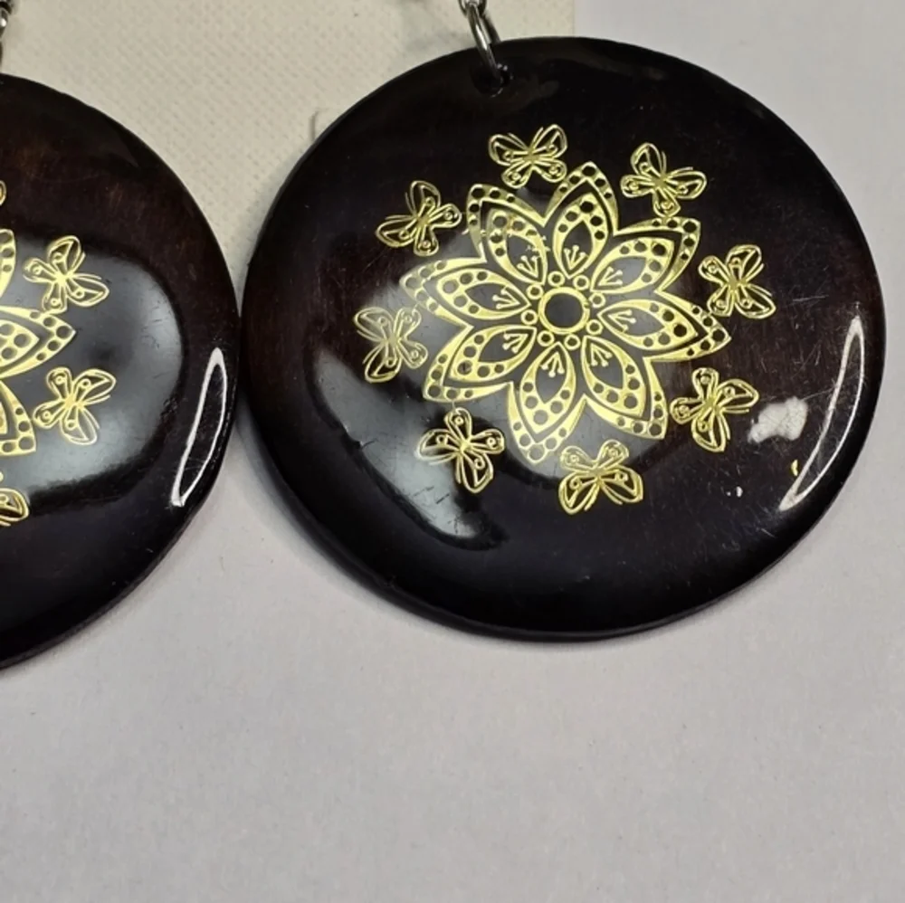 Treska Earrings Brown & Gold Flower Round Dangle Drop‎ Bohemian New